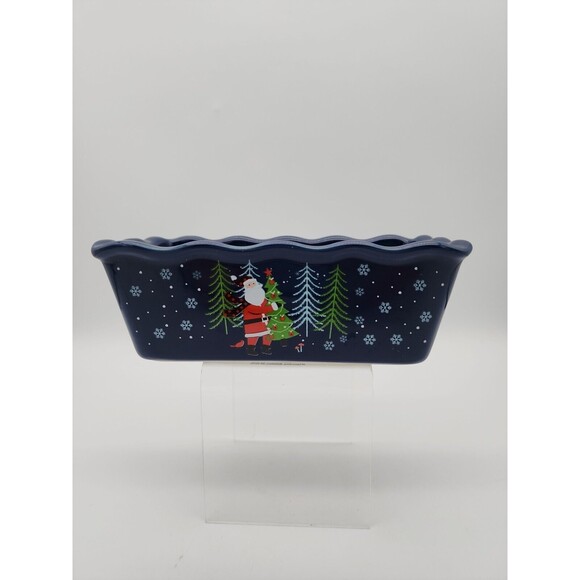 Nantucket Ceramic Mini Loaf Pan Santa Claus Winter Scene Navy Blue NEW 6" x 3" - Picture 3 of 12
